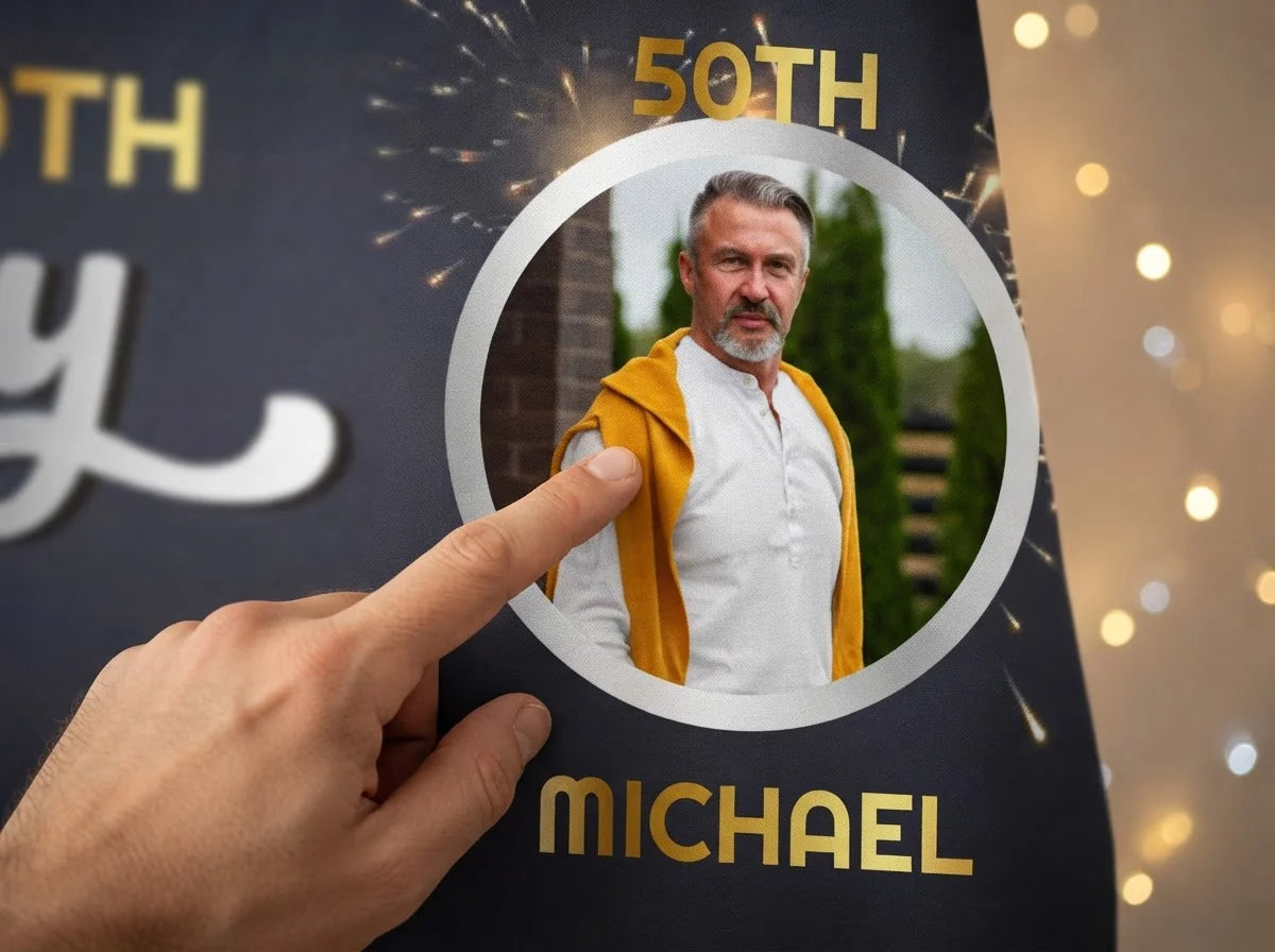 Close-up of the personalised name and photo printed on the New Year Fireworks Birthday Party Banner