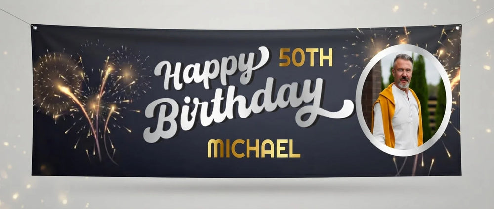 Personalised New Year Fireworks Birthday Party Banner displayed against a plain studio background