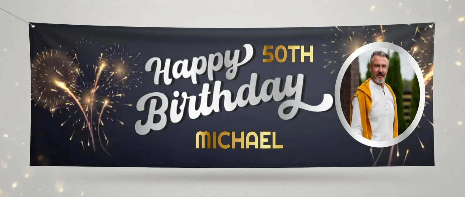 Personalised New Year Fireworks Birthday Party Banner displayed against a plain studio background