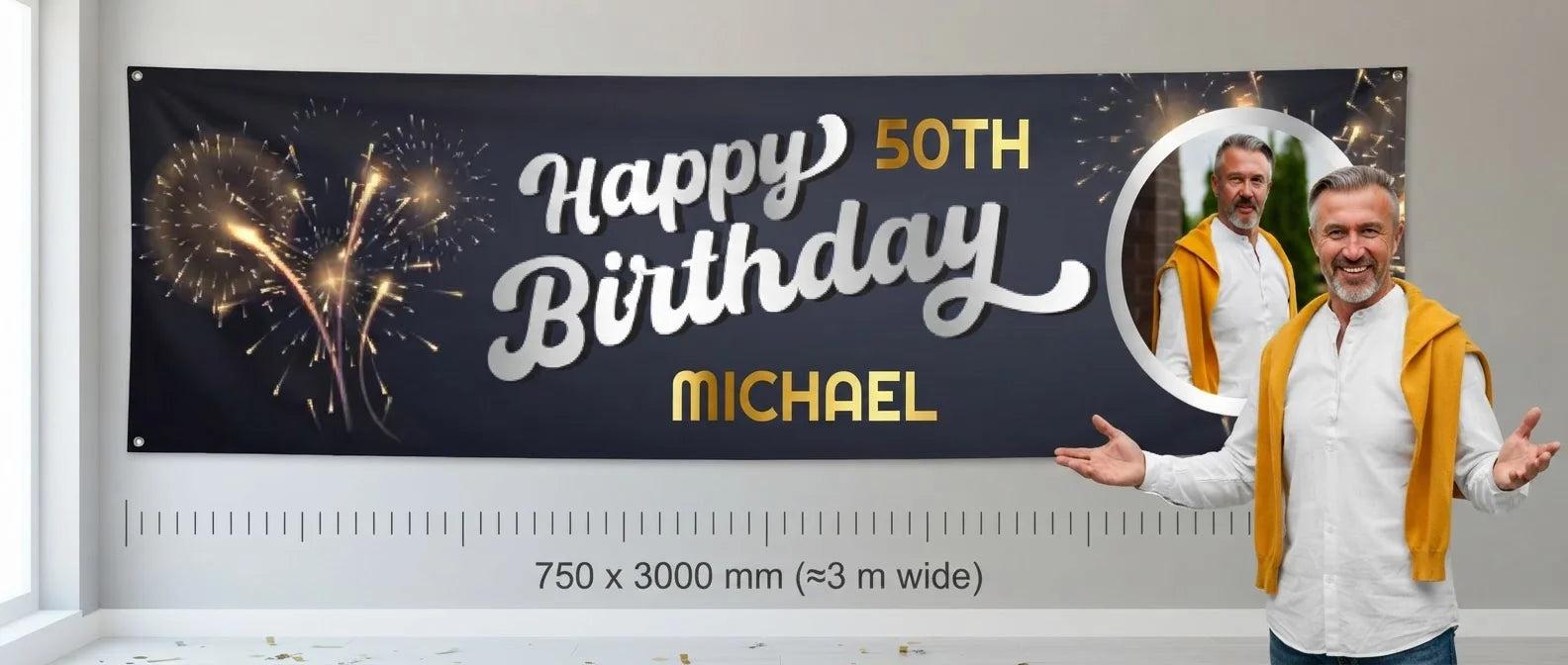Person standing beside the New Year Fireworks Birthday Party Banner for scale, with size guide showing 750 x 3000 mm