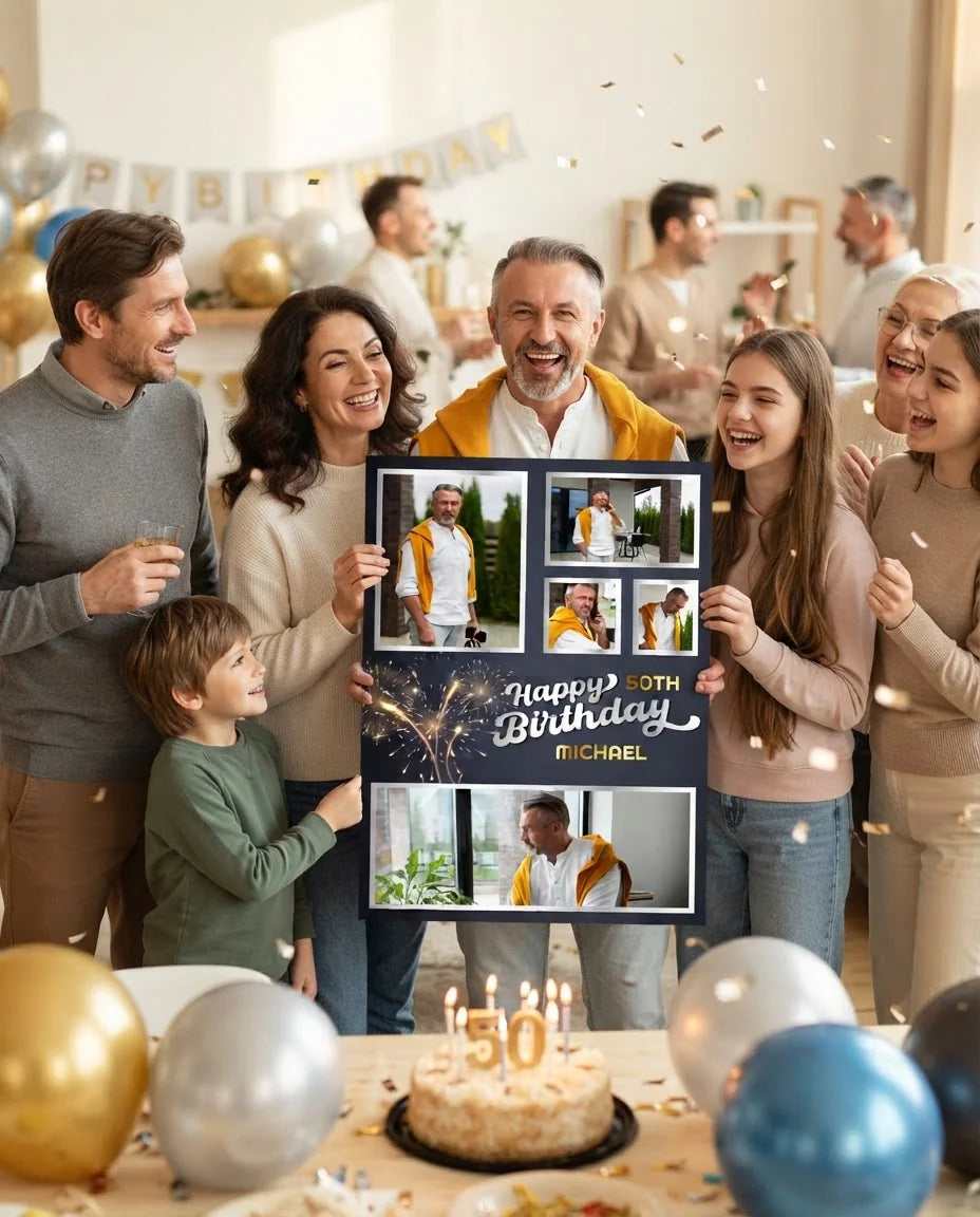Friends and family celebrating with the personalised New Year Fireworks Birthday Party Mega Card