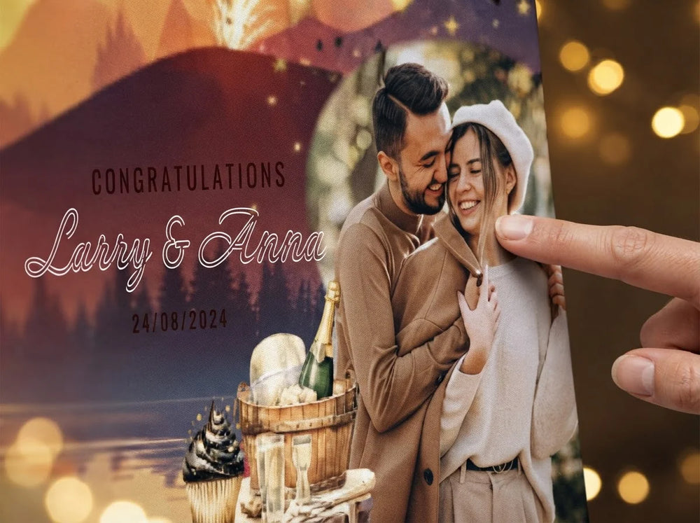 Close-up of the personalised name and photo printed on the New Year Wedding Banner