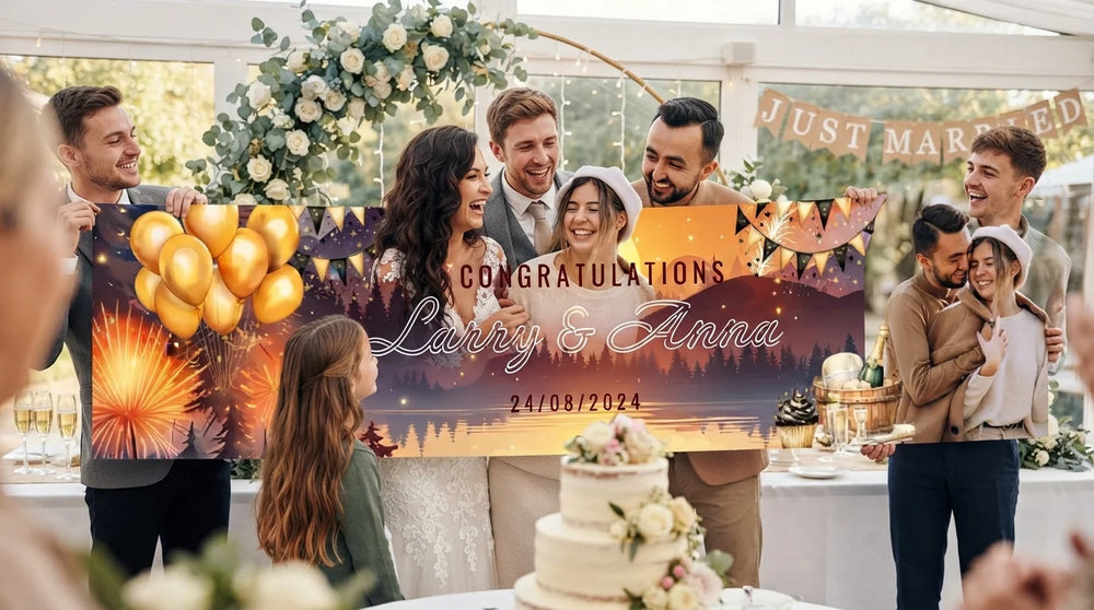 Friends and family celebrating with the personalised New Year Wedding Banner