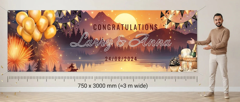 Person standing beside the New Year Wedding Banner for scale, with size guide showing 750 x 3000 mm