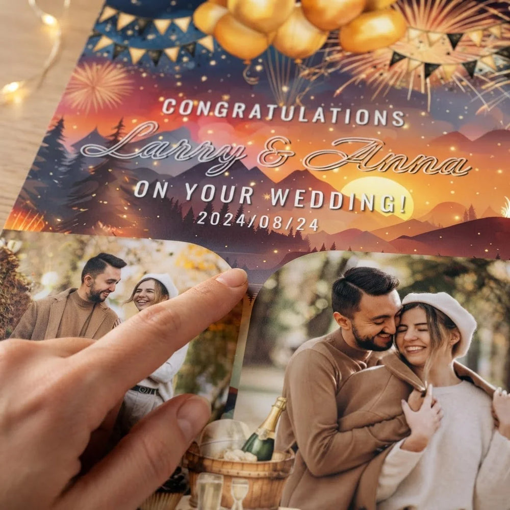 Close-up of the personalised name and photo printed on the New Year Wedding Mega Card
