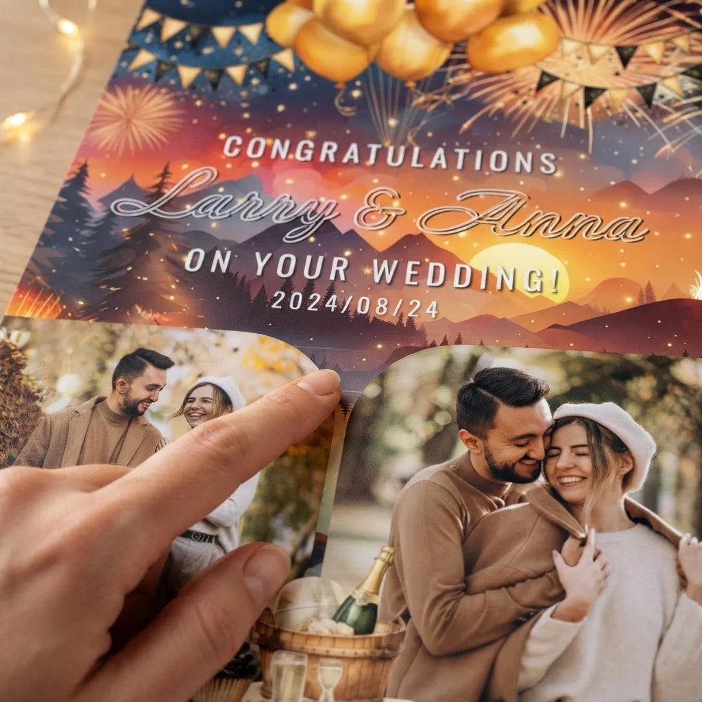 Close-up of the personalised name and photo printed on the New Year Wedding Mega Card