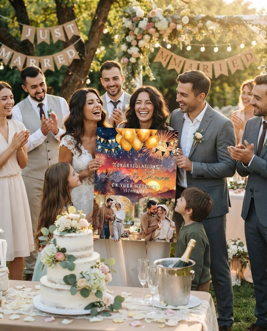 Friends and family celebrating with the personalised New Year Wedding Mega Card
