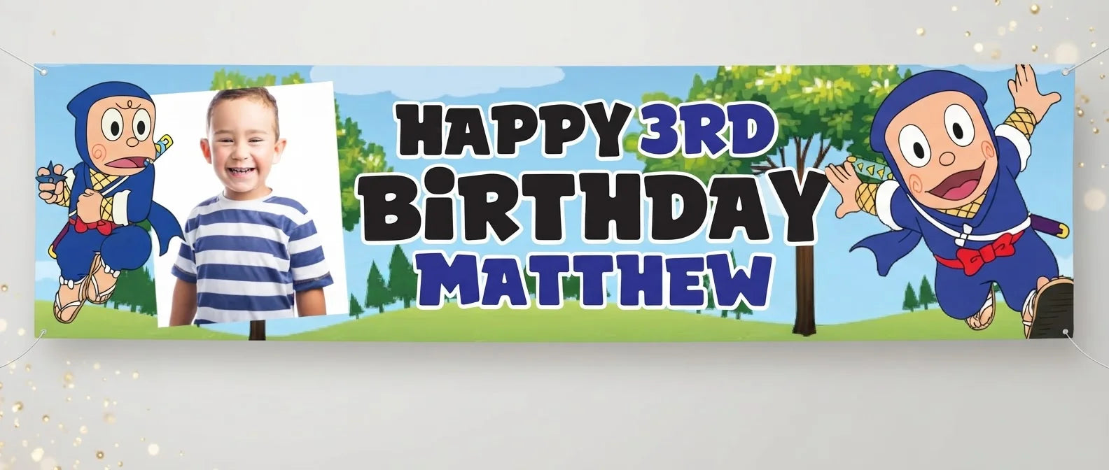 Personalised Ninja Hattori Birthday Banner displayed against a plain studio background