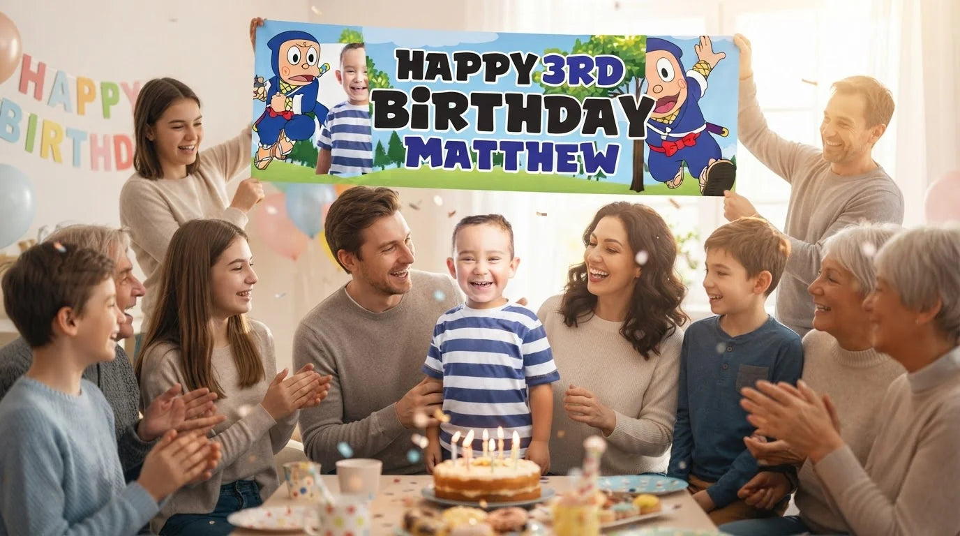 Friends and family celebrating with the personalised Ninja Hattori Birthday Banner