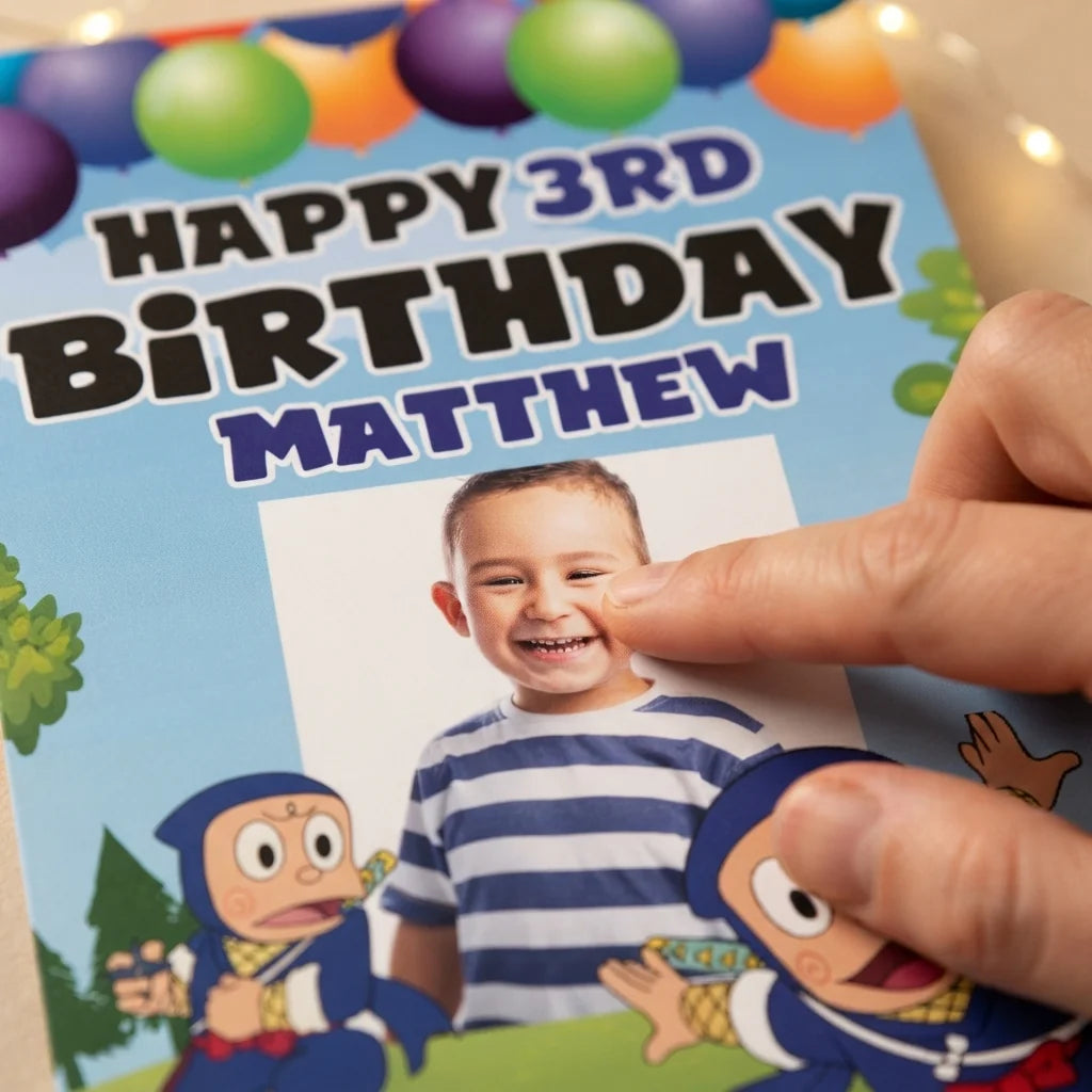 Close-up of the personalised name and photo printed on the Ninja Hattori Mega Card