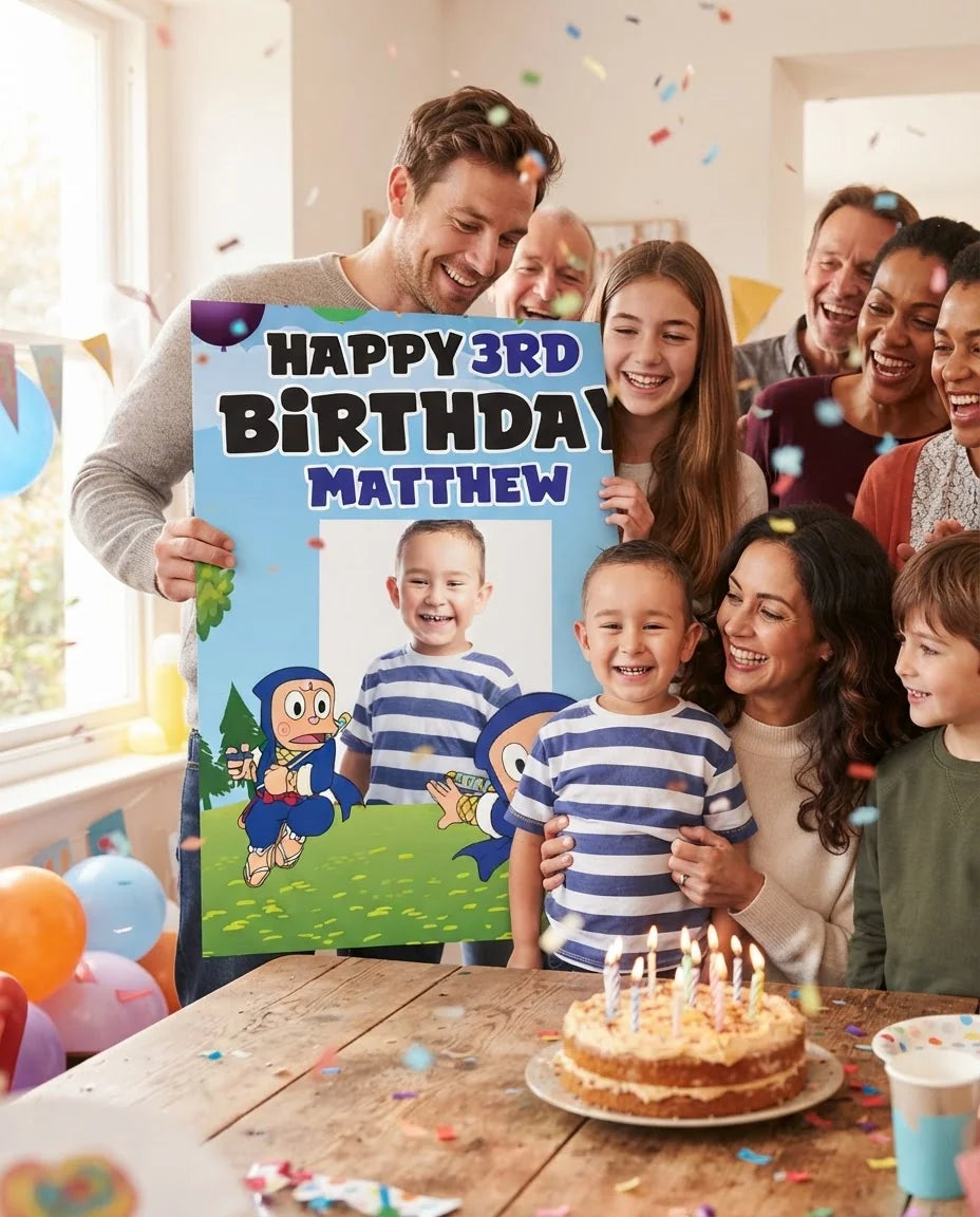 Friends and family celebrating with the personalised Ninja Hattori Mega Card