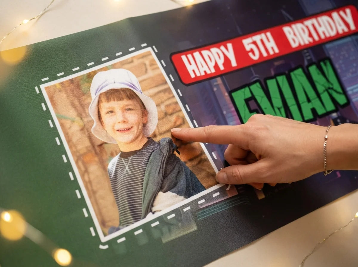 Close-up of the personalised name and photo printed on the Ninja Turtles Birthday Banner
