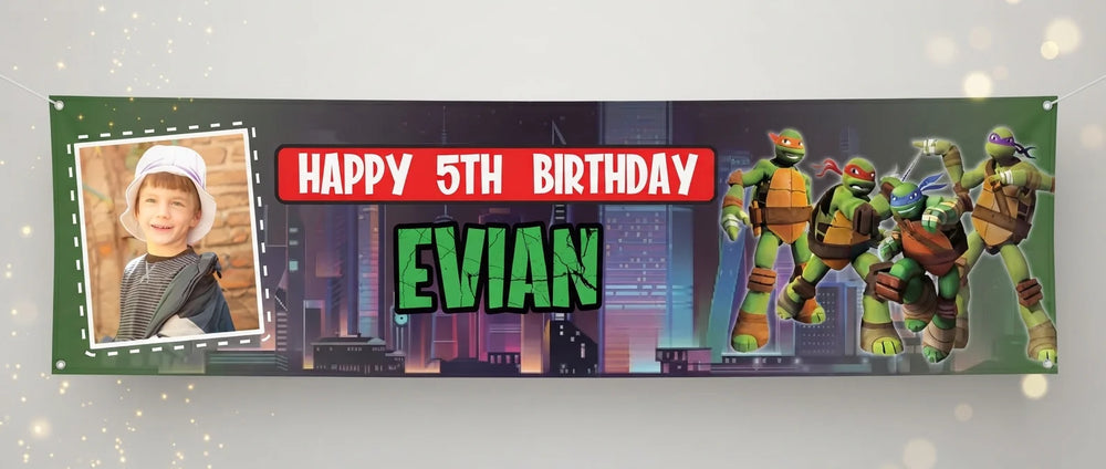 Personalised Ninja Turtles Birthday Banner displayed against a plain studio background