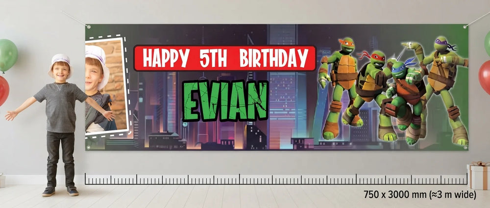 Person standing beside the Ninja Turtles Birthday Banner for scale, with size guide showing 750 x 3000 mm