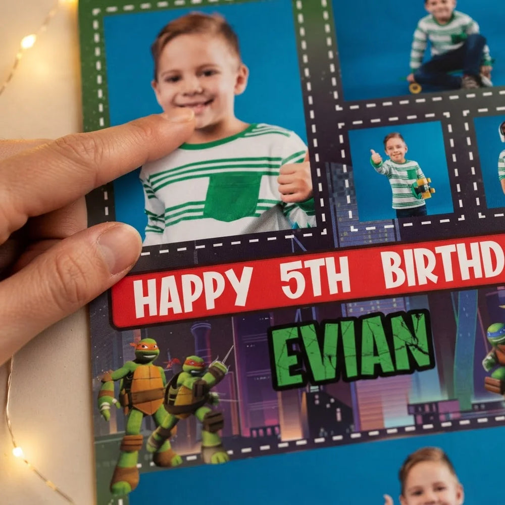 Close-up of the personalised name and photo printed on the Ninja Turtles Mega Card