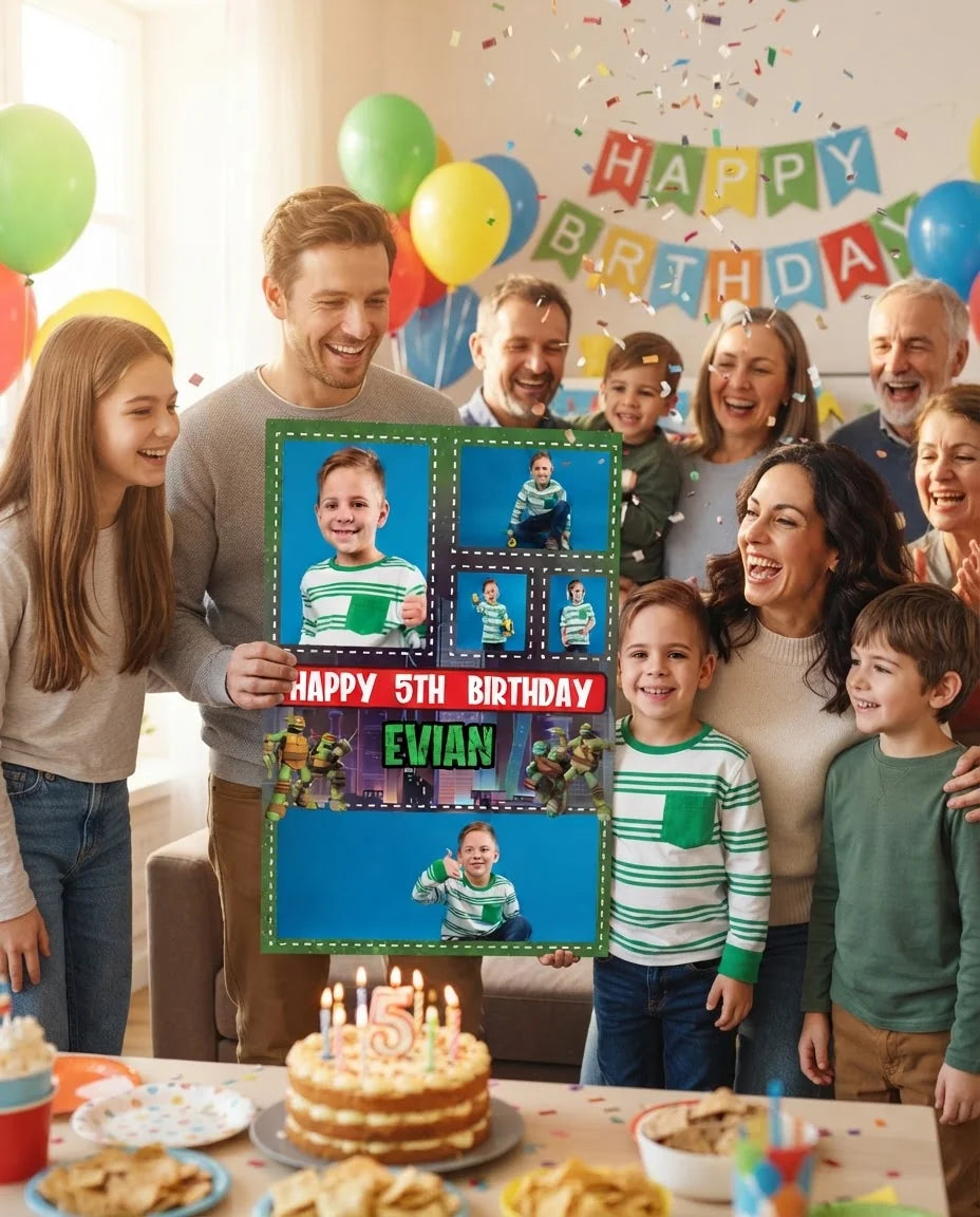 Friends and family celebrating with the personalised Ninja Turtles Mega Card