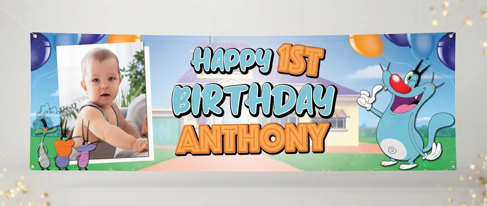 Personalised Oggy Birthday Banner displayed against a plain studio background
