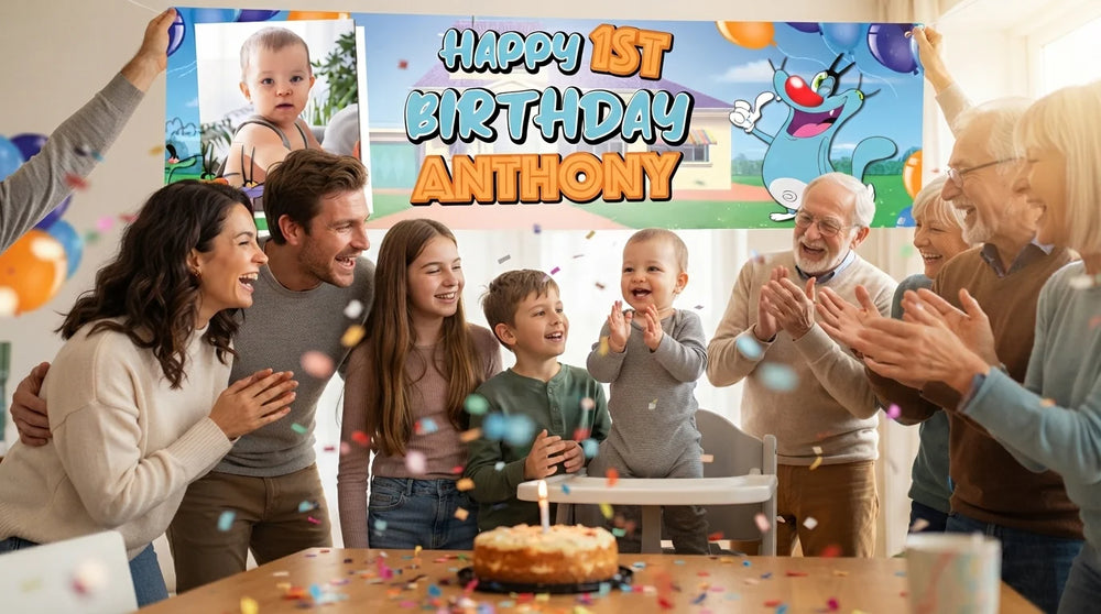 Friends and family celebrating with the personalised Oggy Birthday Banner
