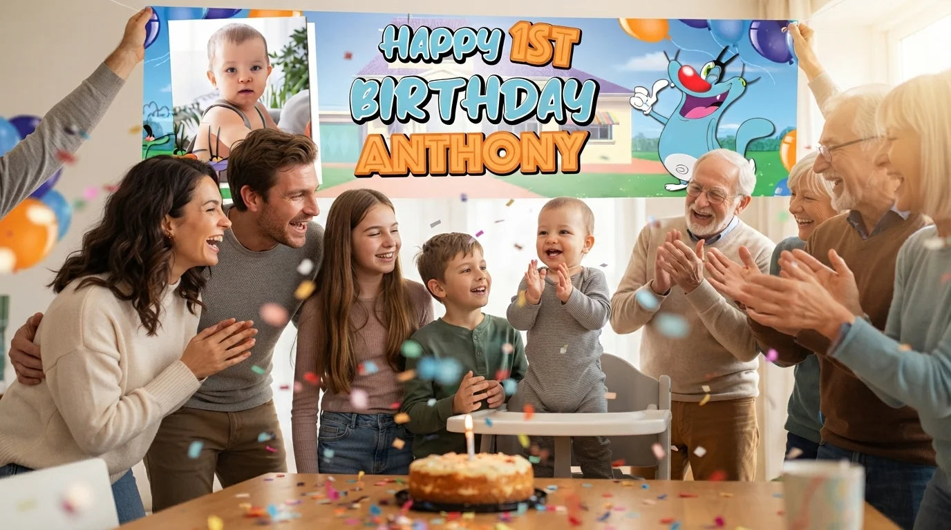 Friends and family celebrating with the personalised Oggy Birthday Banner