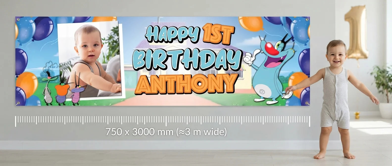 Person standing beside the Oggy Birthday Banner for scale, with size guide showing 750 x 3000 mm