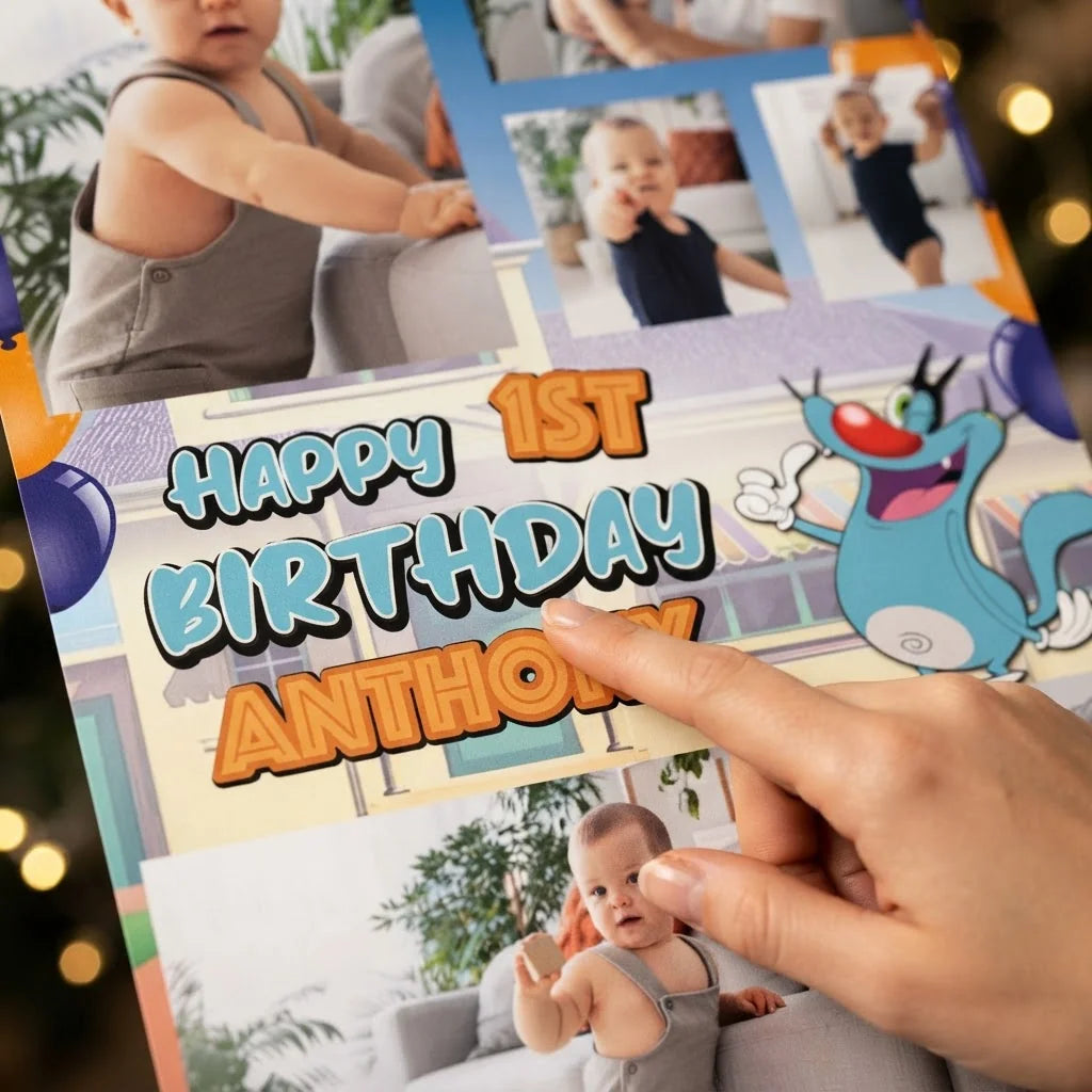 Close-up of the personalised name and photo printed on the Oggy Mega Card