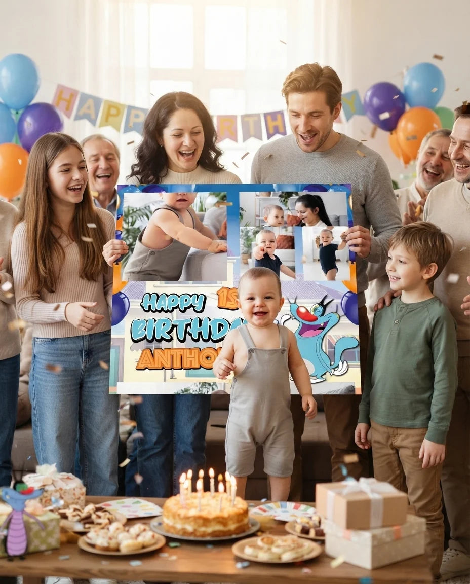 Friends and family celebrating with the personalised Oggy Mega Card