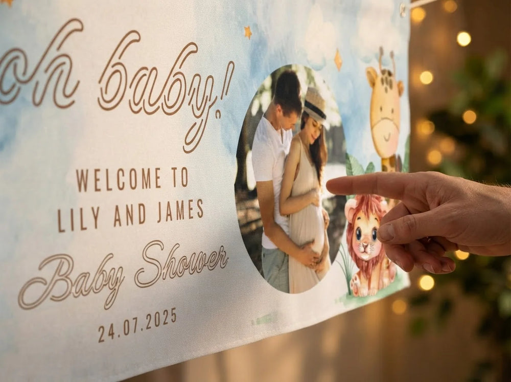 Close-up of the personalised name and photo printed on the Oh Baby Cute Animals Theme Baby Shower Banner