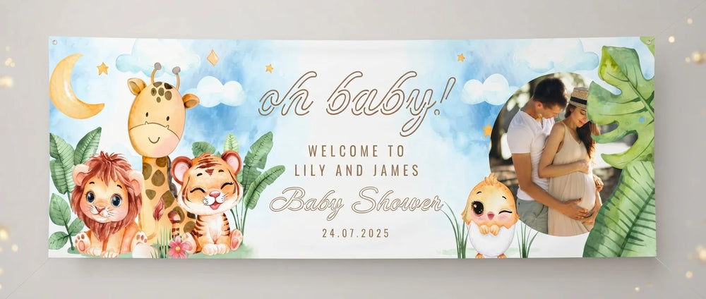 Personalised Oh Baby Cute Animals Theme Baby Shower Banner displayed against a plain studio background