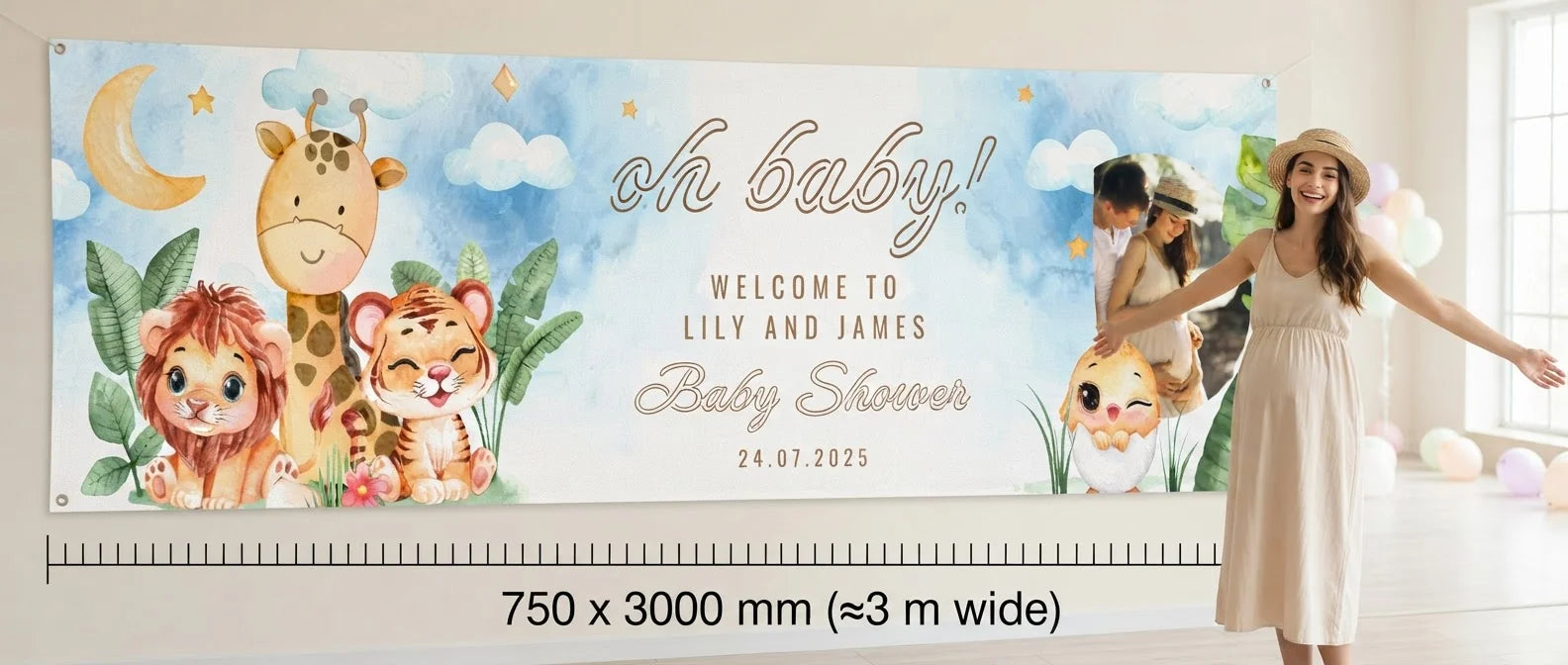 Person standing beside the Oh Baby Cute Animals Theme Baby Shower Banner for scale, with size guide showing 750 x 3000 mm