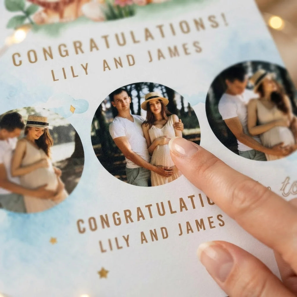 Close-up of the personalised name and photo printed on the Oh Baby Cute Animals Theme Baby Shower Mega Card