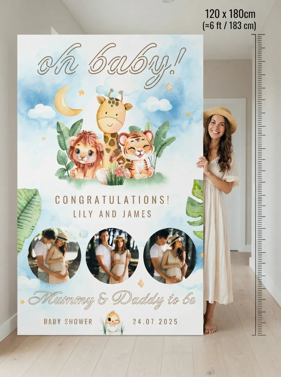 Person standing beside the Oh Baby Cute Animals Theme Baby Shower Mega Card for scale in a size guide