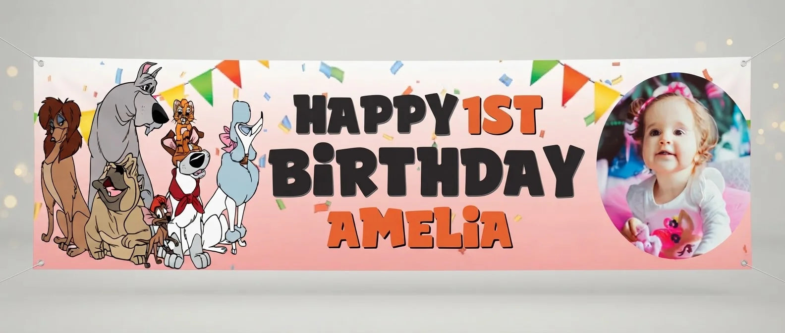 Personalised Oliver and Company Birthday Banner displayed against a plain studio background