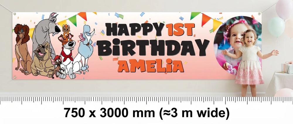 Person standing beside the Oliver and Company Birthday Banner for scale, with size guide showing 750 x 3000 mm