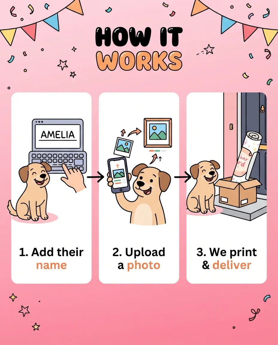 How it works: add a name, upload a photo, and we print and deliver the Oliver and Company Mega Card