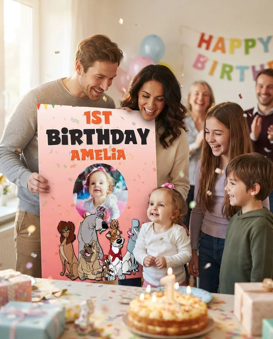 Friends and family celebrating with the personalised Oliver and Company Mega Card