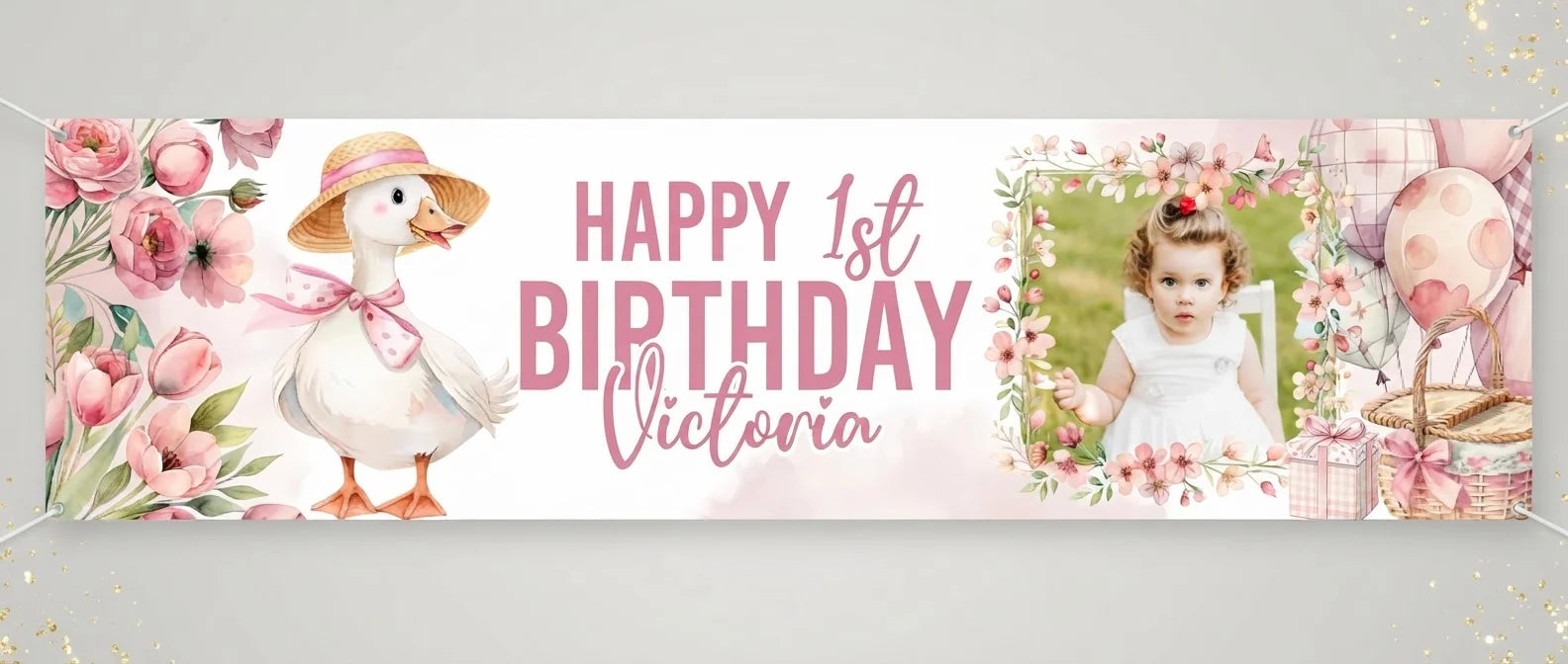 Personalised One Silly Goose Birthday Party Banner displayed against a plain studio background