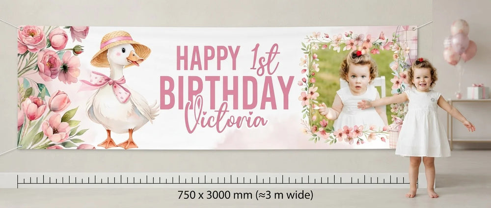 Person standing beside the One Silly Goose Birthday Party Banner for scale, with size guide showing 750 x 3000 mm