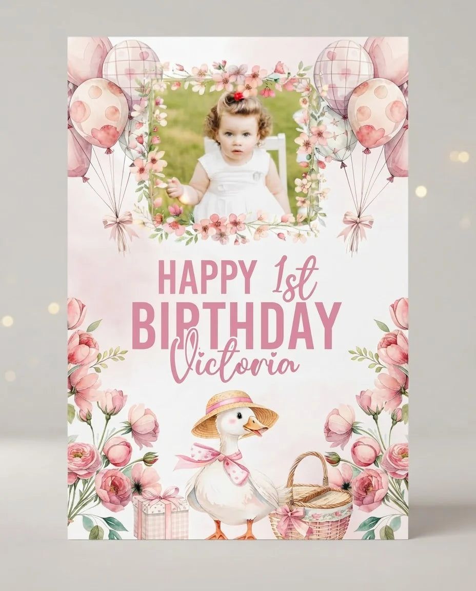Personalised One Silly Goose Birthday Party Mega Card displayed against a plain studio background