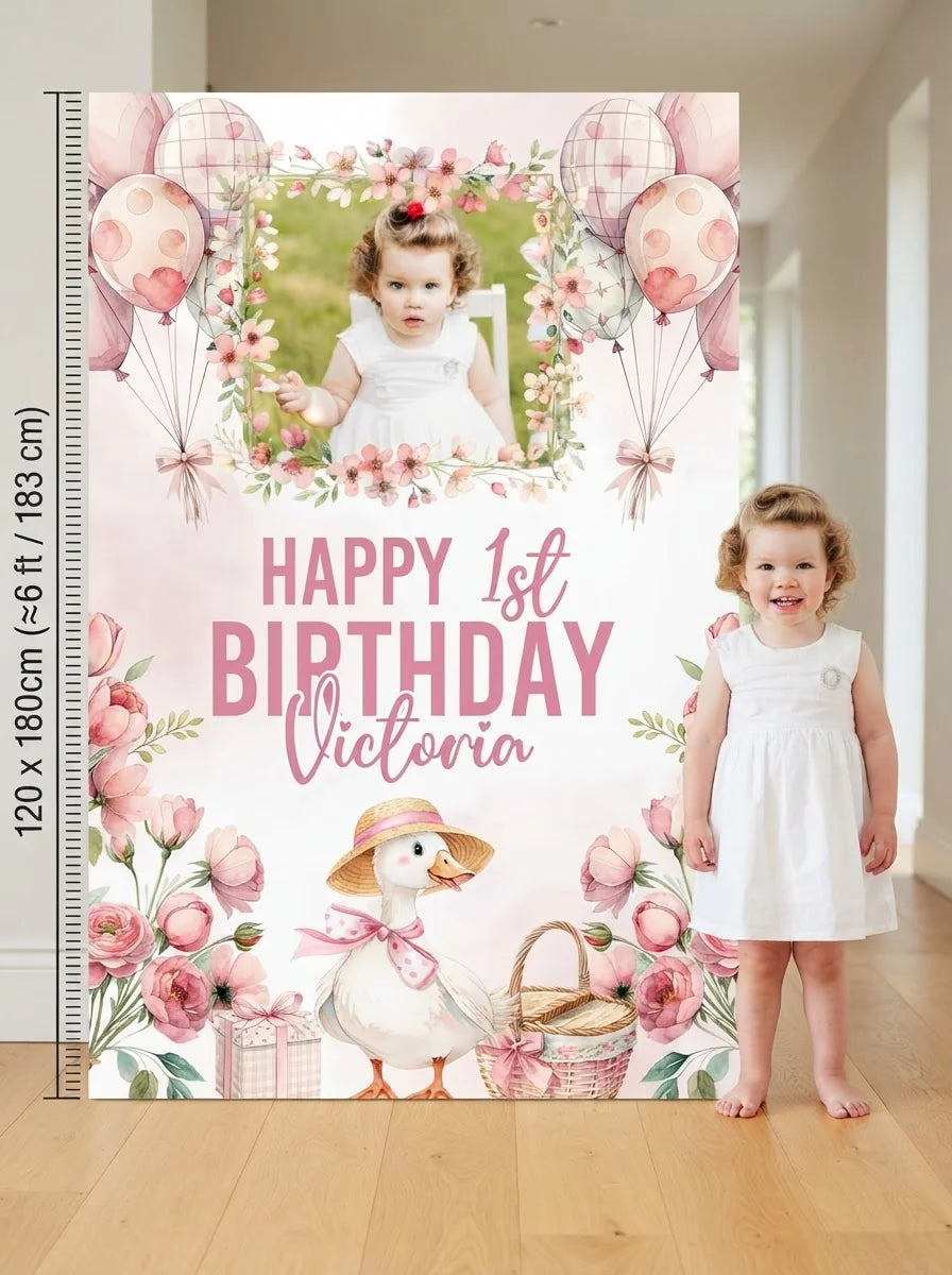 Person standing beside the One Silly Goose Birthday Party Mega Card for scale in a size guide
