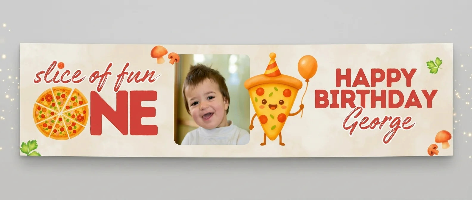 Personalised One Slice Of Fun Birthday Party Banner displayed against a plain studio background