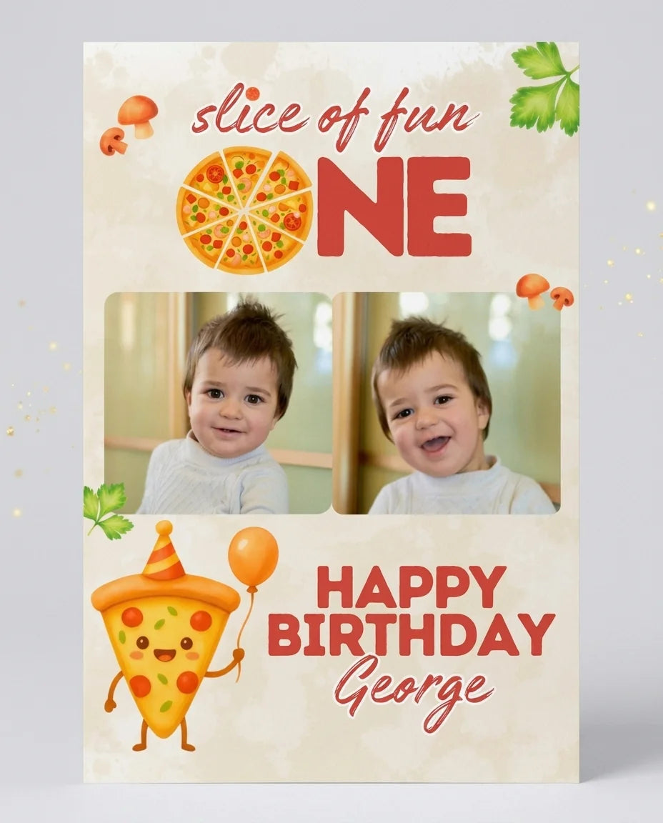 Personalised One Slice Of Fun Birthday Party Mega Card displayed against a plain studio background