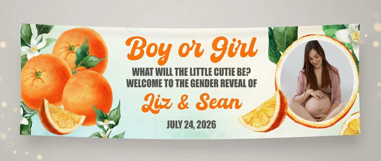 Personalised Orange Fruit Gender Reveal Party Banner displayed against a plain studio background