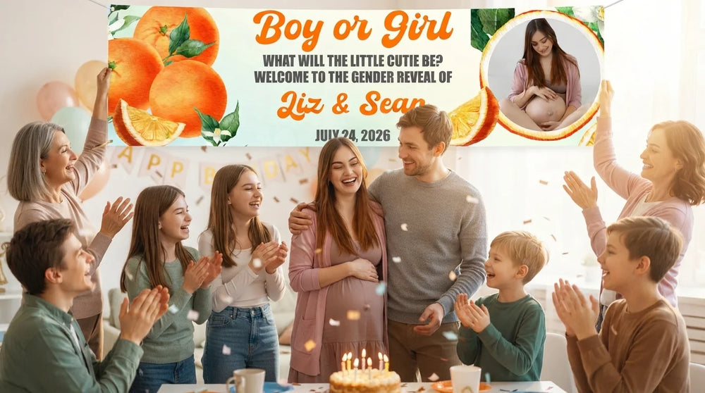 Friends and family celebrating with the personalised Orange Fruit Gender Reveal Party Banner