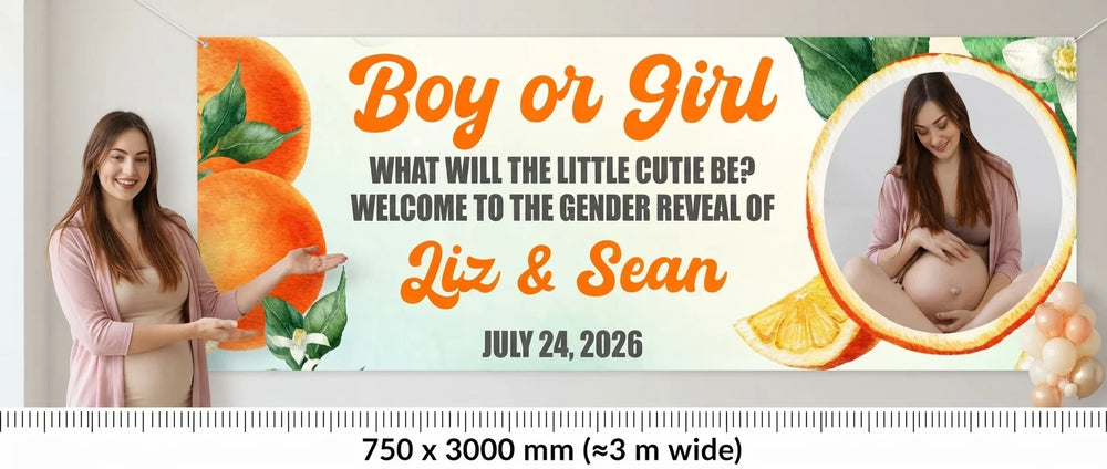 Person standing beside the Orange Fruit Gender Reveal Party Banner for scale, with size guide showing 750 x 3000 mm
