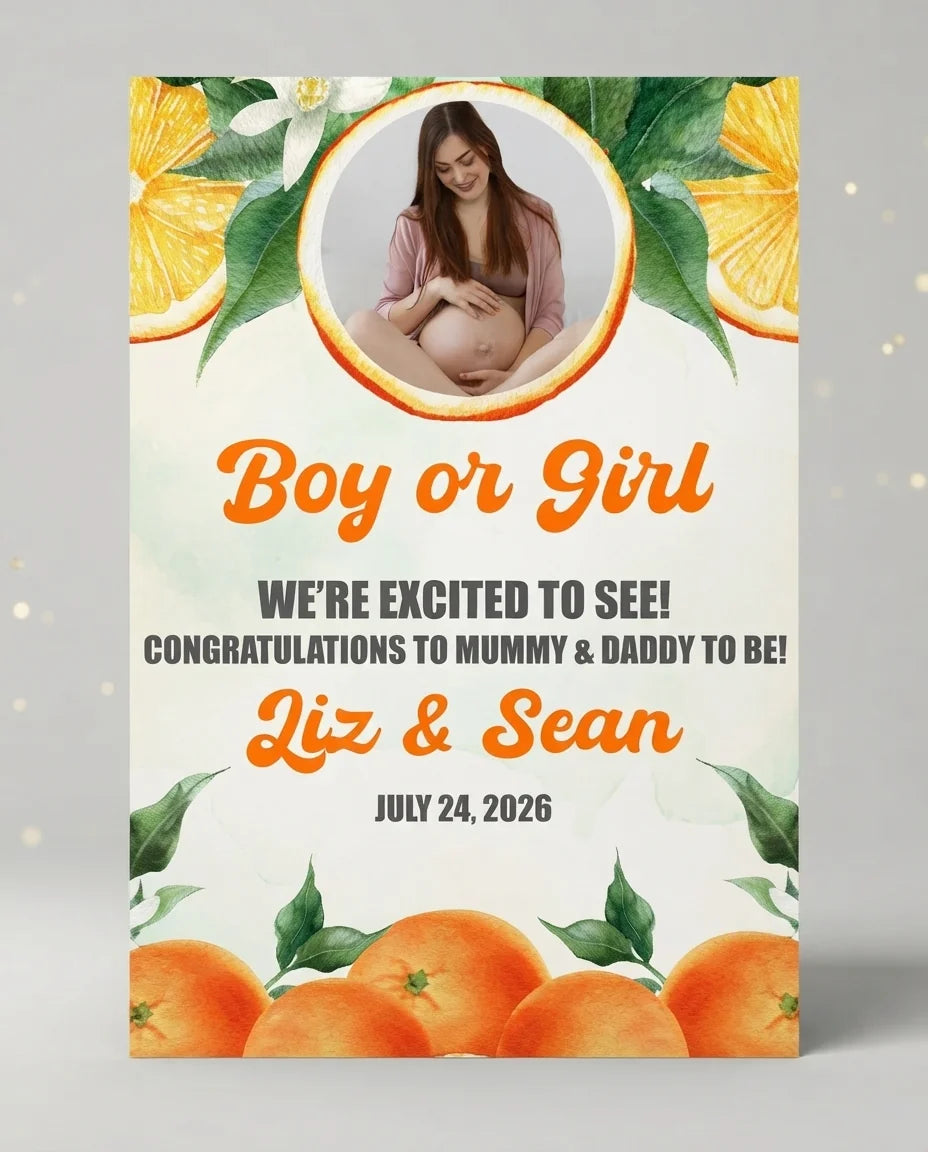 Personalised Orange Fruit Gender Reveal Party Mega Card displayed against a plain studio background