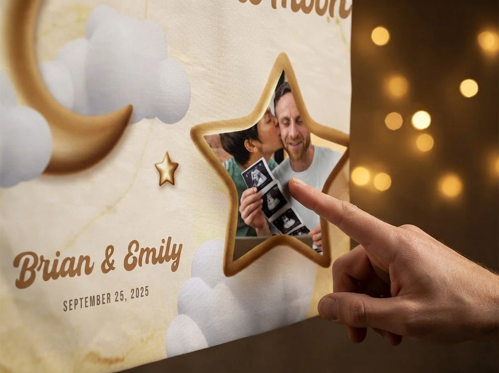 Close-up of the personalised name and photo printed on the Over the Moon Baby Shower Banner