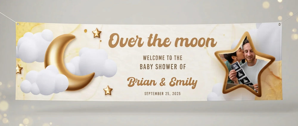 Personalised Over the Moon Baby Shower Banner displayed against a plain studio background