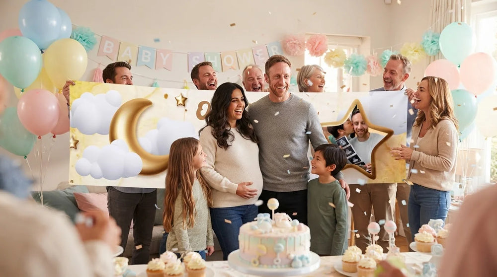 Friends and family celebrating with the personalised Over the Moon Baby Shower Banner