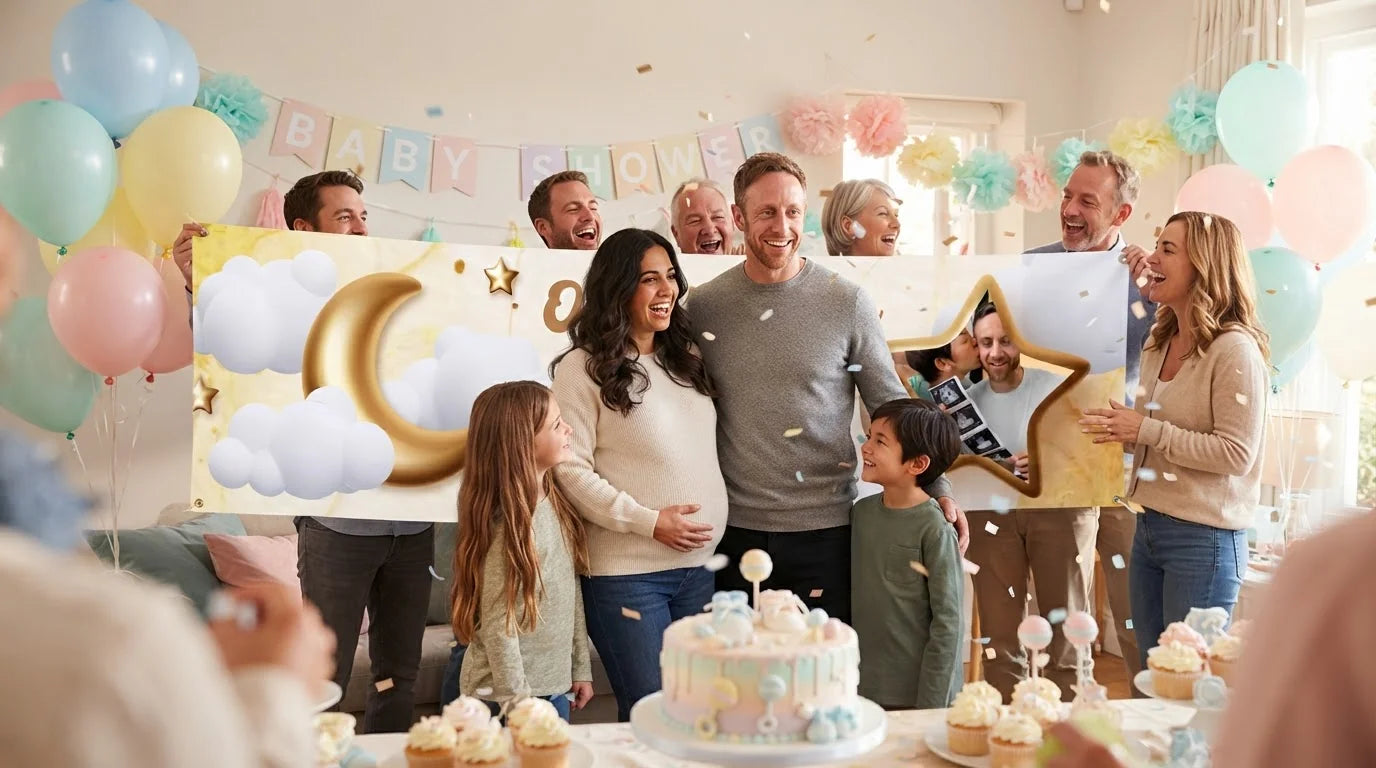 Friends and family celebrating with the personalised Over the Moon Baby Shower Banner