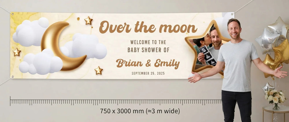 Person standing beside the Over the Moon Baby Shower Banner for scale, with size guide showing 750 x 3000 mm